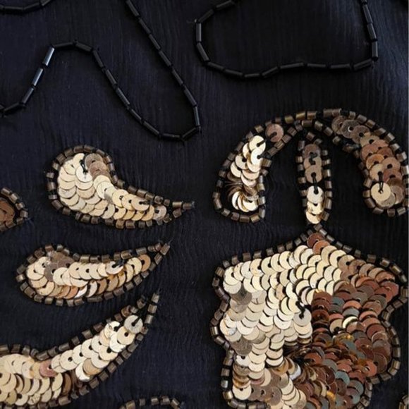 Fabulous Vintage 80s Slinky 100% Silk Black Sequined Skirt w/ Gold Border - Picture 5 of 7